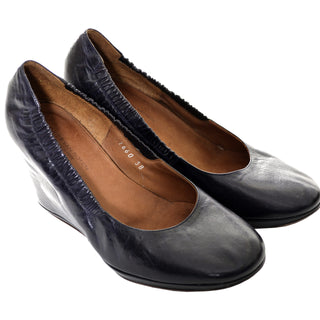 Dries Van Noten Midnight Blue Leather Wedge Pumps Covered Heels 7.5 - Dressing Vintage