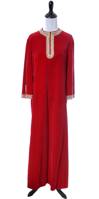 1960s Red Silk Velvet Beaded Rhinestones Dress - Dressing Vintage