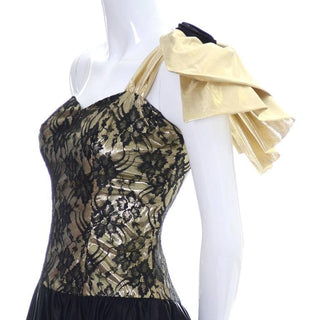 1980's one shoulder black lace vintage dress size 2 size 4