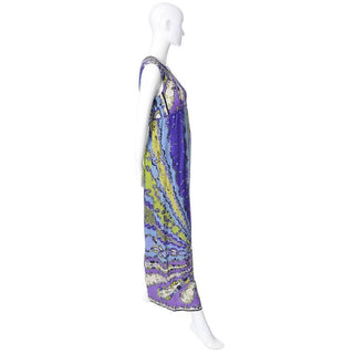 Emilio Pucci Pop Art Vintage Crinkle Silk Dress in purple, blue, cream and green. Size 4
