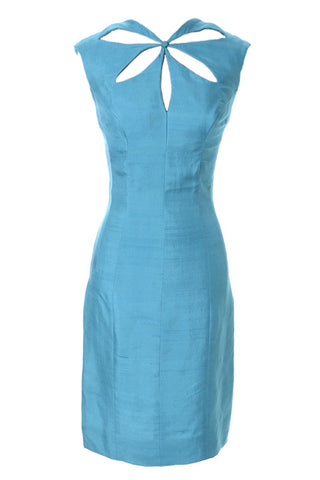 1960's Estévez Vintage Designer Dress Blue Silk with Keyhole Bodice Hourglass Fit - Dressing Vintage