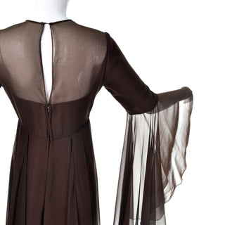 1970s Estevez Brown Chiffon Evening Gown w/ Long Statement Sleeves