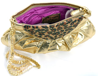 Carlos Falchi NEW Gold Lame Handbag with Leopard Print Trim - Dressing Vintage