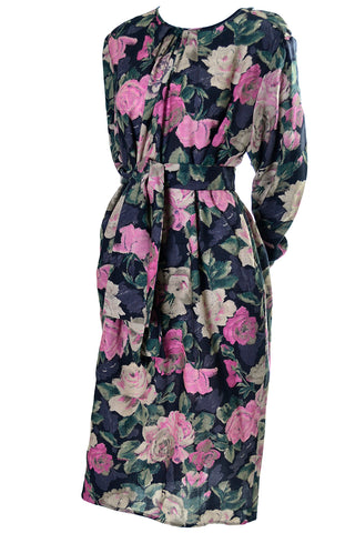 Vintage Ungaro Pink & Black Floral Summer Weight Wool Dress W Sash