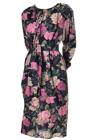 Vintage Ungaro Pink & Black Floral Summer Weight Wool Dress 90s