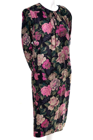 90s Vintage Ungaro Pink & Black Floral Summer Weight Wool Dress