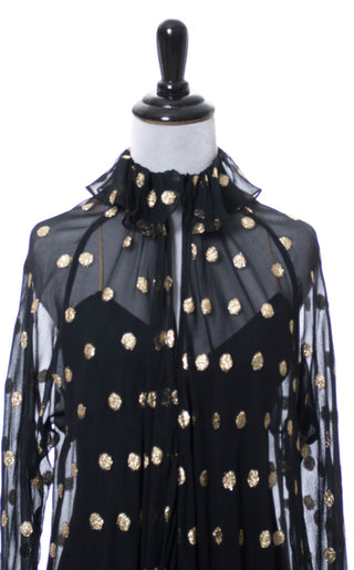 Vintage 1980s gold lame polka dot sheer chiffon black party dress - Dressing Vintage