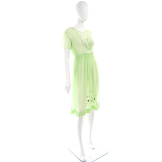 1920s Hungarian Embroidered Green Peasant Dress w Smock Pleating