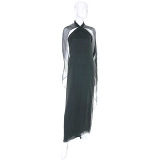 1990s Oscar de la Renta Halter Evening Gown in Green Silk Chiffon w Scarf
