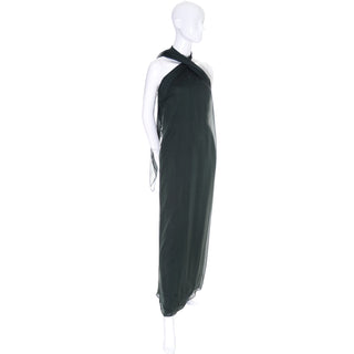 1990s Oscar de la Renta Halter Evening Gown in Green Silk Chiffon w Scarf