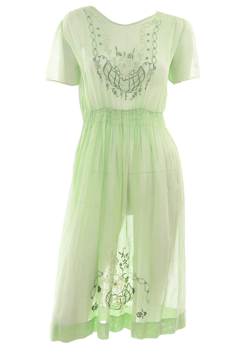 1920s Hungarian Embroidered Green Peasant Dress w Smock Pleating – Modig