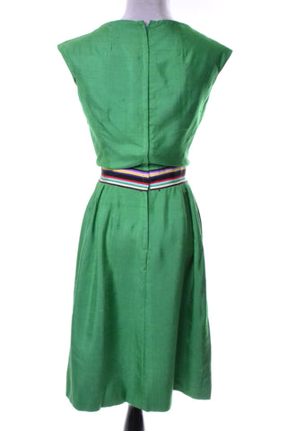 Green Silk Vintage Day Dress 1960's Rainbow Ribbon - Dressing Vintage