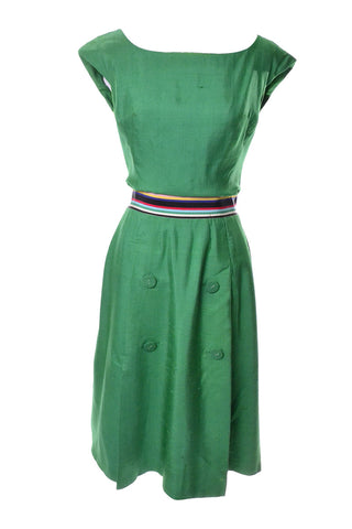 Green Silk Vintage Day Dress 1960's Rainbow Ribbon - Dressing Vintage