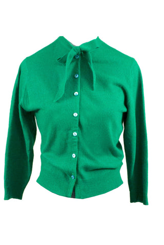 1950s Kelly Green Vintage Cashmere Cardigan Sweater Bow - Dressing Vintage