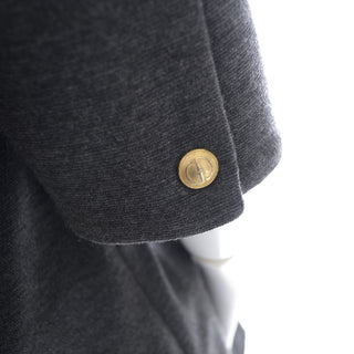 Zip Front Long Gray Wool Jacket with Gold Zipper Pockets and Gold Buttons by Gucci