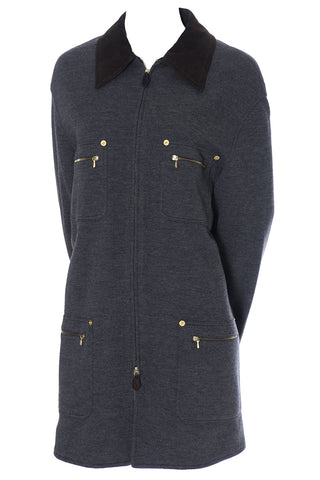 Gucci Zip Front Long Gray Wool Jacket with Gold Zipper Pockets