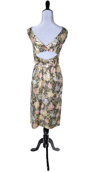 1960's Hannah Troy Vintage Gold Lame Metallic Floral Dress - Dressing Vintage