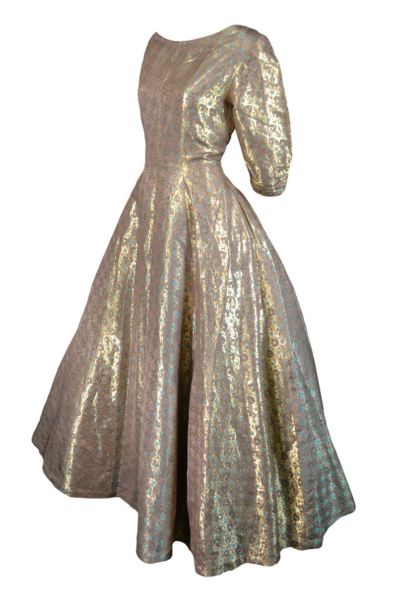 1950s Rare Hattie Carnegie vintage dress in gold aqua metallic Modig 1950s Rare Hattie Carnegie vintage dress in gold aqua metallic Modig