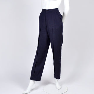 1980s Issey Miyake High Waisted Navy Blue micro dot Pants w Inverted Pleats 