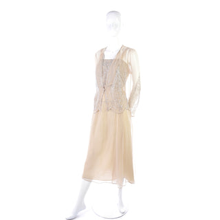1970s Jack Bryan 1920s Style Beaded Sand Dress With Sheer Chiffon Jacket top