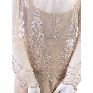 1970s Jack Bryan 1920s Style Beaded Sand Dress With Sheer Chiffon Jacket 20s style beading