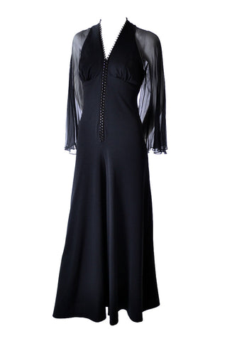 Vintage 1970s Black Jumpsuit with Sheer Sleeves and Rhinestones - Dressing Vintage