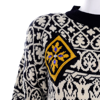1980's Black & White Mock Neck Sweater w/ Jeweled Patches