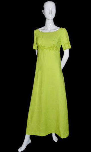 Vintage 60s Lime Green bridesmaid long dress with lace applique - Dressing Vintage