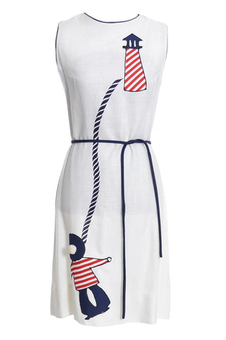 1960's Nautical Vintage Dress Lisa Linn Imperial Linen Red White and Blue - Dressing Vintage