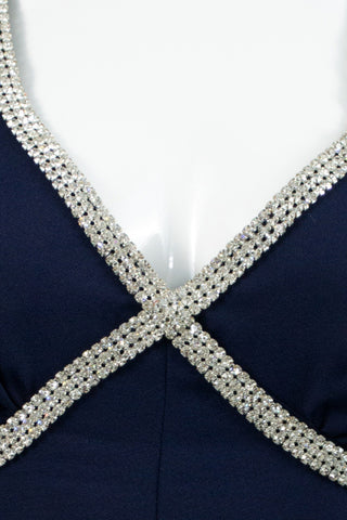 Full length 1970s halter dress in navy blue with beautiful rhinestones - Dressing Vintage