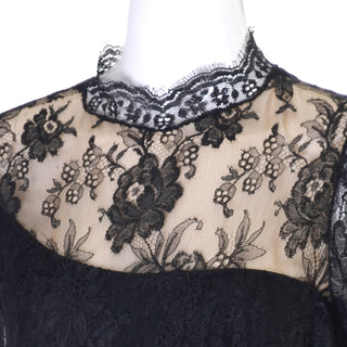 Late 1970s or early 1980s 1980s Loris Azzaro Paris Black Lace Victorian Style Evening Dress S
