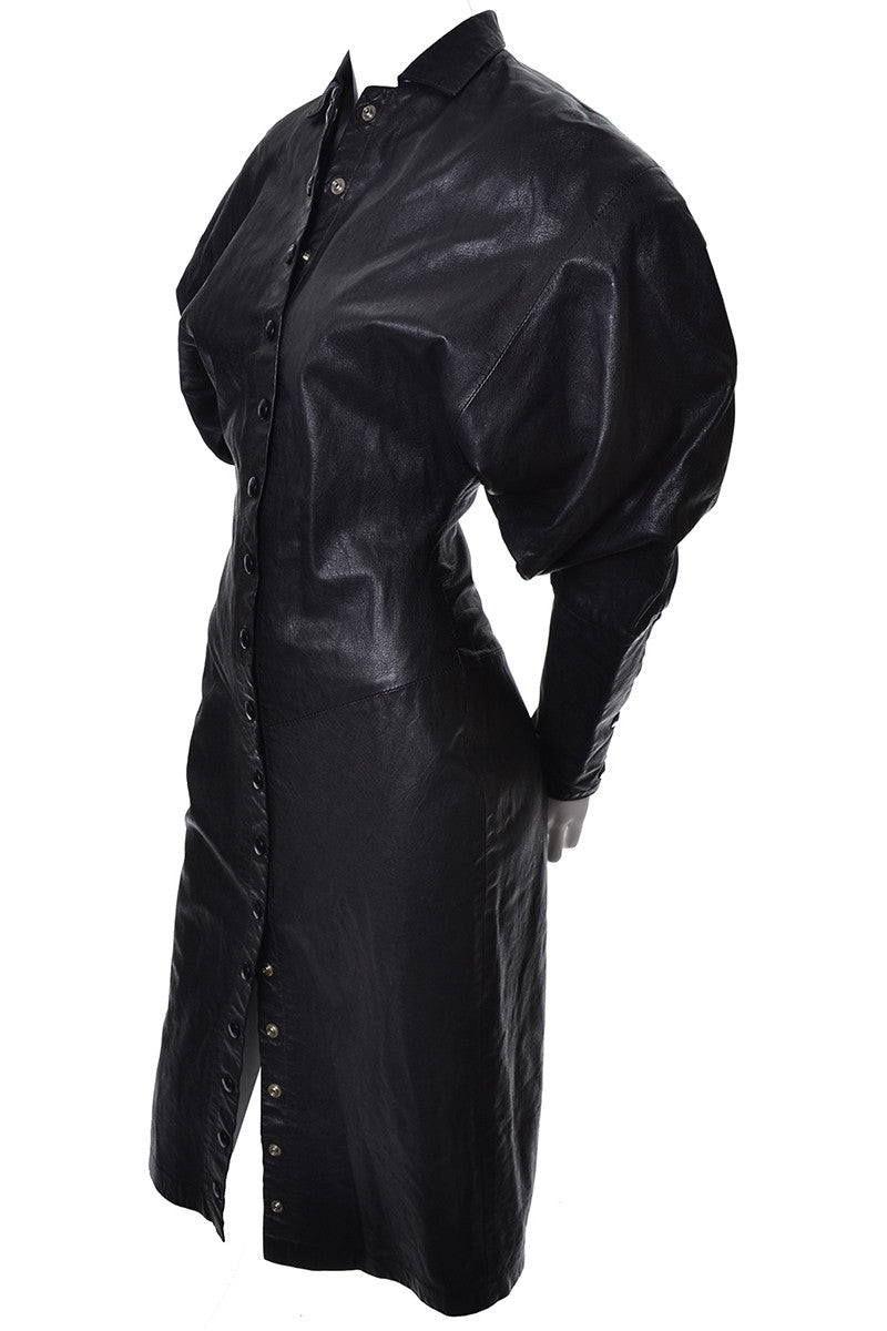 1980's Vintage Black Leather Dress w/ Mutton Sleeves Size 2/4 1980's Vintage Black Leather Dress w/ Mutton Sleeves Size 2/4