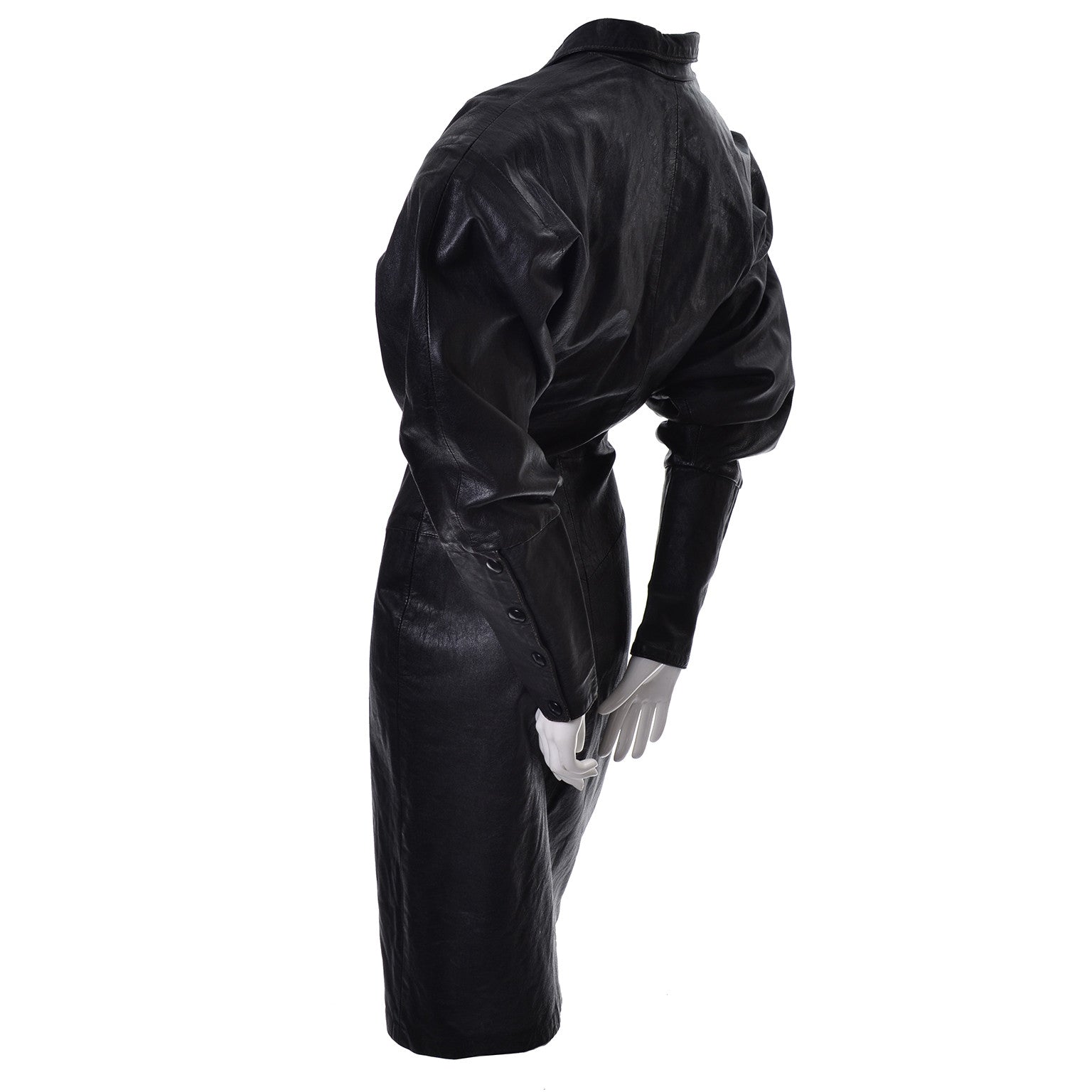 1980's Avant Garde Vintage Black Leather Dress Leg of Mutton Sleeves Modig 1980's Avant Garde Vintage Black Leather Dress Leg of Mutton Sleeves Modig