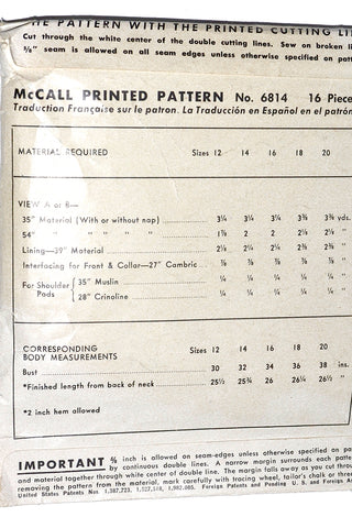 McCall 6814 Vintage Jacket Sewing Pattern 1947