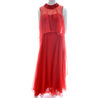 1970s Mike Benet Lipstick Red Dress w/ Sequin Bodice & Sheer Overlay