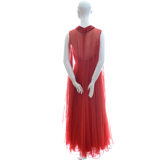 1970s Mike Benet Lipstick Red Dress w/ Sequin Bodice & Sheer Overlay