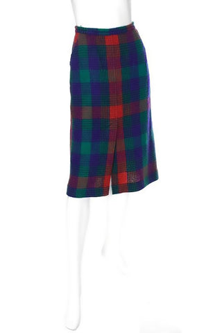 1970's vintage red, blue, green plaid Missoni skirt with slit in the front