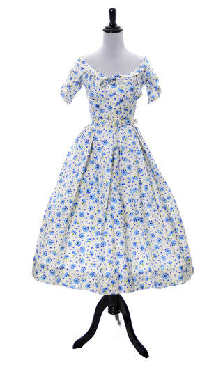 1950s Designer Mollie Parnis Blue Floral Silk Dress with Short Jacket - Dressing Vintage