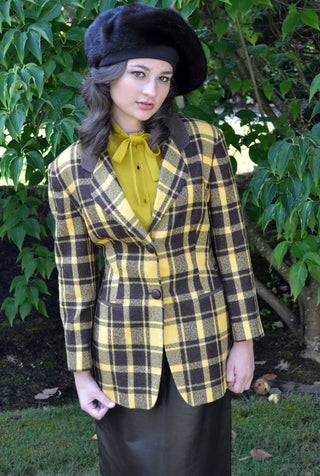 Mondi mustard plaid vintage blazer with suede elbow patches - Dressing Vintage