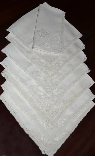 8 Triple Monogram Vintage lace trimmed linen napkins EMC 17" - Dressing Vintage