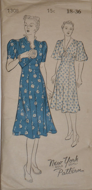 1930's Vintage Dress Pattern New York Gold Seal 1308 36" Bust - Dressing Vintage