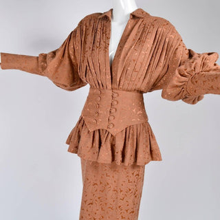 1980s Norma Kamali Victorian Copper Jacquard Dress Ensemble