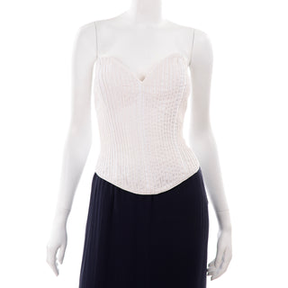 Navy Blue & White Silk Vintage Oscar de la Renta Evening Dress w Tags Bustier