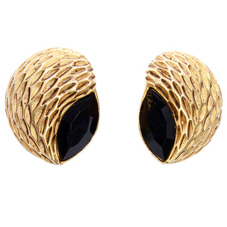 Almond Shaped Vintage Oscar de la Renta Textured Gold & Black Pierced Earrings