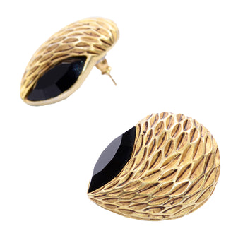 Vintage Oscar de la Renta Textured Gold & Black Pierced Designer Earrings 