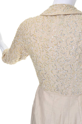 1960s Raw Silk Cream Collared Dress with Beaded Bodice