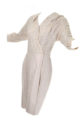 1960s Pagoda Imports cream raw silk dress with beaded bodice 