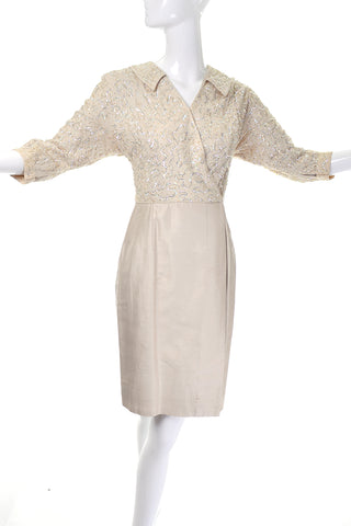 1960s raw silk cocktail dress with beaded bodice and collar