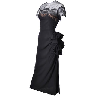 1940s Peggy Hunt Black Long Gown with Illusion Lace Bodice