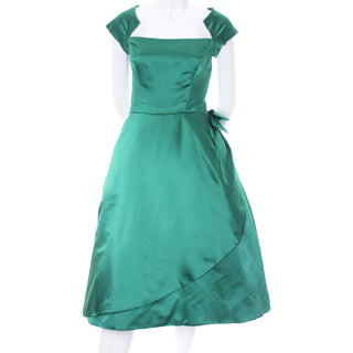 Philip Hulitar 1950s Vintage Green Satin Dress with Bow and Beautiful Neckline Size 6 - Dressing Vintage